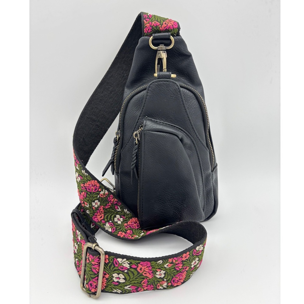 ANTIK KRAFT Black Vegan Leather Crossbody Sling Bag Floral Strap Embroidered